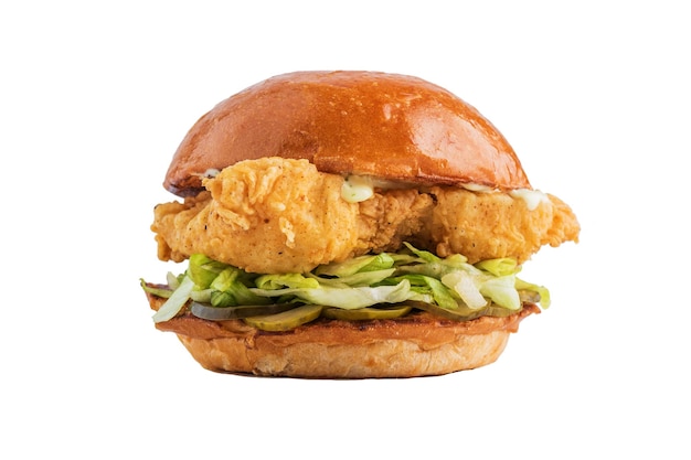 Delicious chicken burger with cucumber isolated