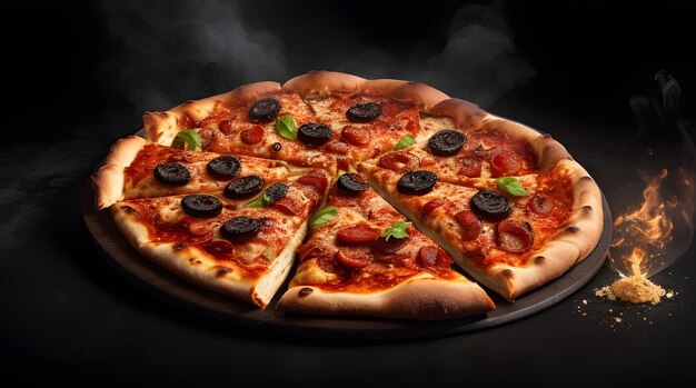 Delicious Chicken Cheese Pizza with smoke on black texture background