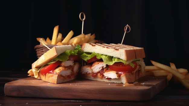 Foto delizioso club sandwich di pollo con patatine fritte, fotografia professionale