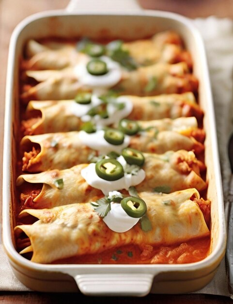 Delicious chicken enchiladas isolated on white background