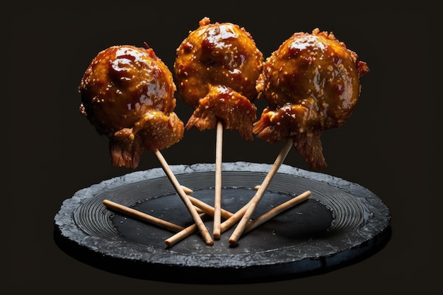 Delicious chicken lollipops on a black background