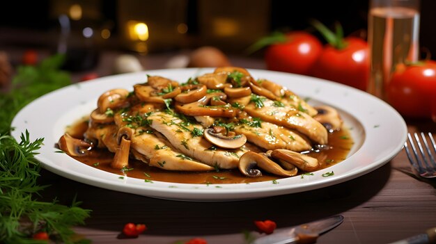 Foto deliziosa marsala di pollo con sfondo di cucina