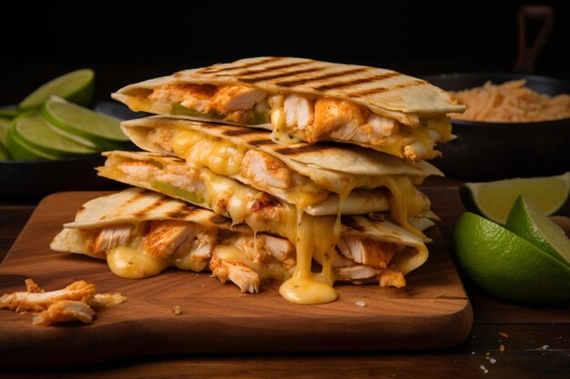 Foto delici quesadilla di pollo con carne e formaggio su una tavola di legno