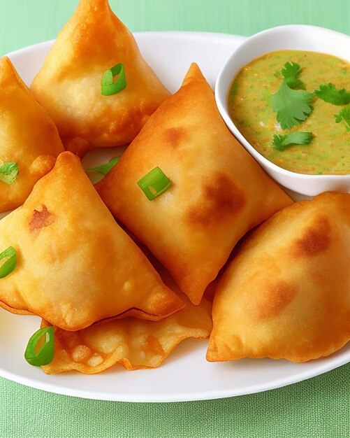 Delicious chicken samosa with green chilli sos and dry chilli sos