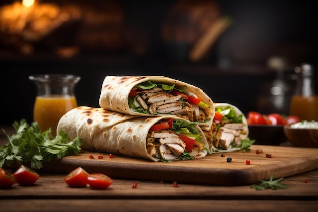 Delicious chicken shawarma on wooden board in restaurant delicious restaurant food menu