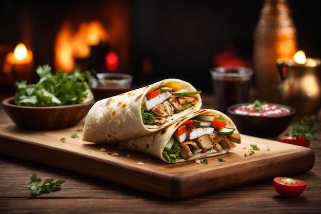 Photo delicious chicken shawarma on wooden board in restaurant delicious restaurant food menu