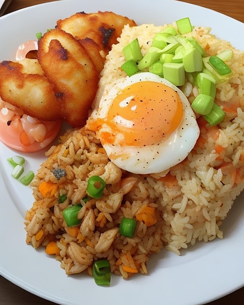 Delicious chicken and shrimp fried rice and a fried egg