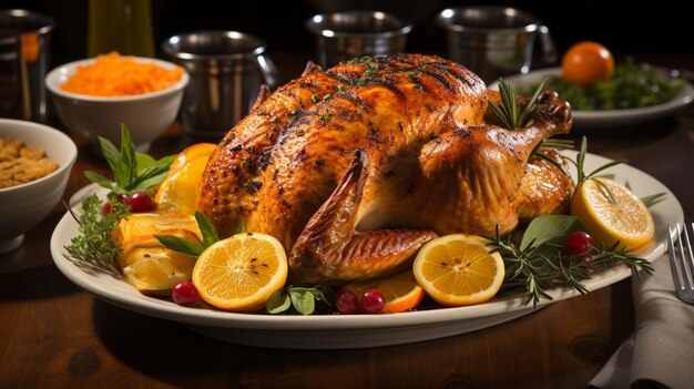 Delicious chicken with roasted vegetables on table closeup