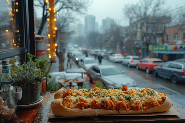 Foto un delizioso involucro di pollo servito su un tavolo di legno in un caffè urbano