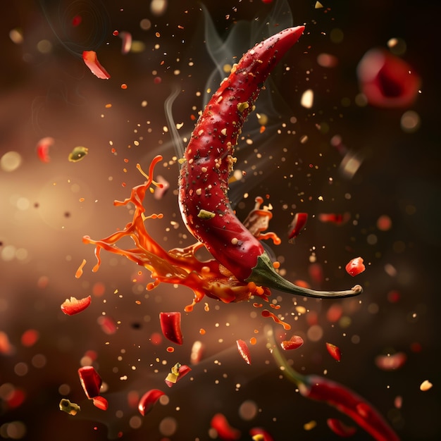delicious chili floating in the air professional food photography studio background advertising