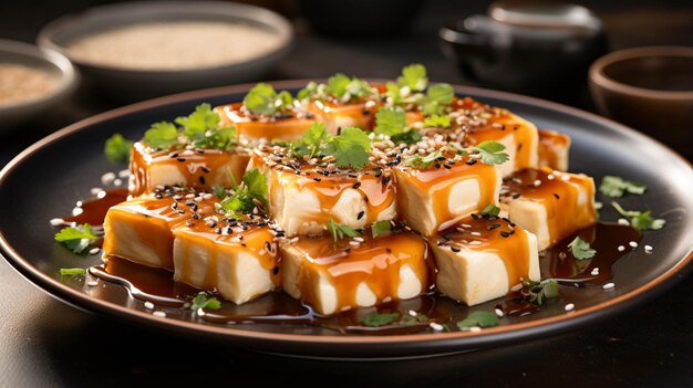 Delicious chilled tofu and century egg with soy sauce and bonito flakes on white table