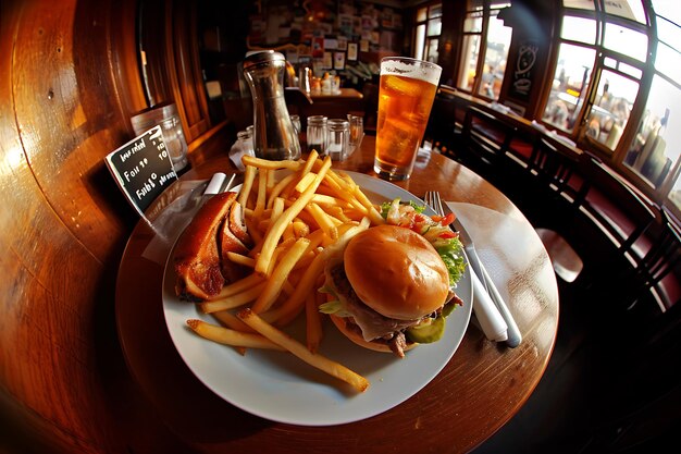 Photo delicious chips fries drink and meat on a plate