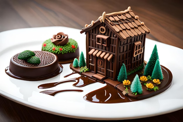 写真 おいしいチョコレートアートツリーとチョコレートで作った小屋
