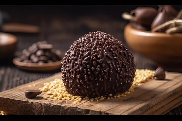 소박한 나무 판자 위의 맛있는 초콜릿 볼 Generative AI
