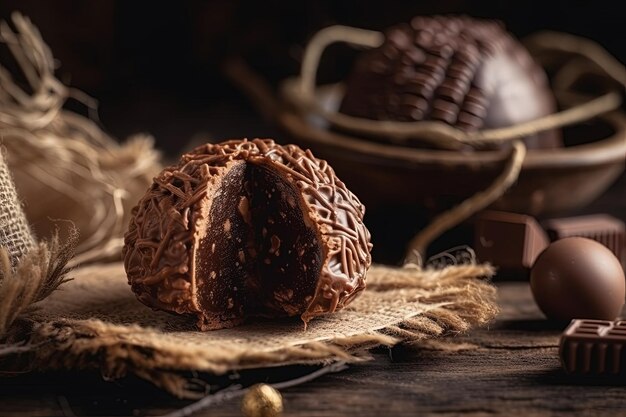 Вкусный шоколадный шарик на деревенском деревянном столе Generative AI