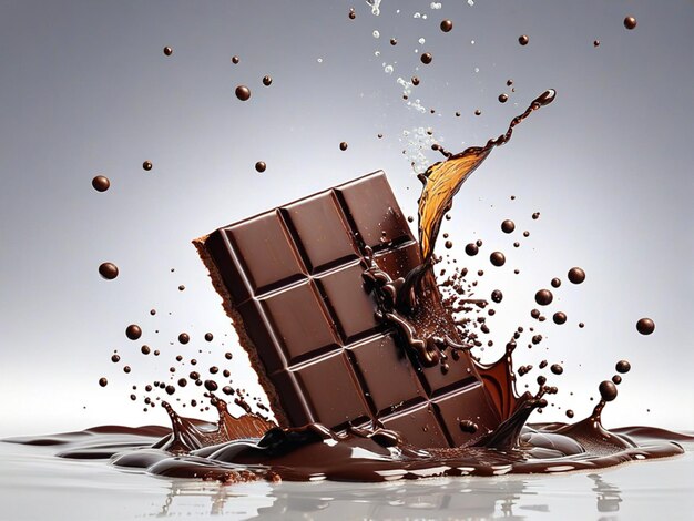 Photo delicious chocolate bar piece falling into chocolate splash cut out