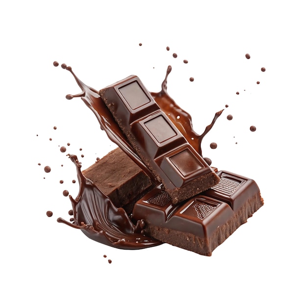 Delicious chocolate bar pieces falling into chocolate splash cut out on white background
