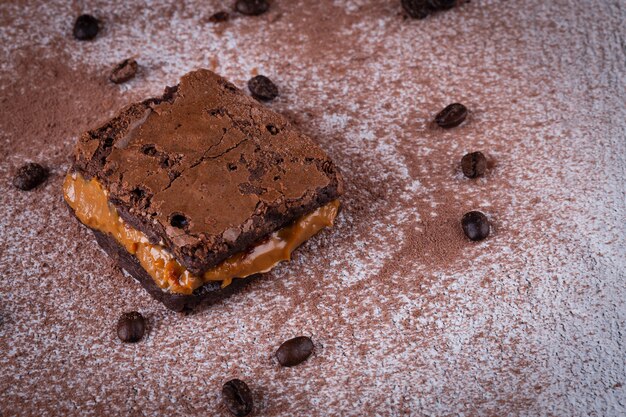 Delicious chocolate brownie on the table