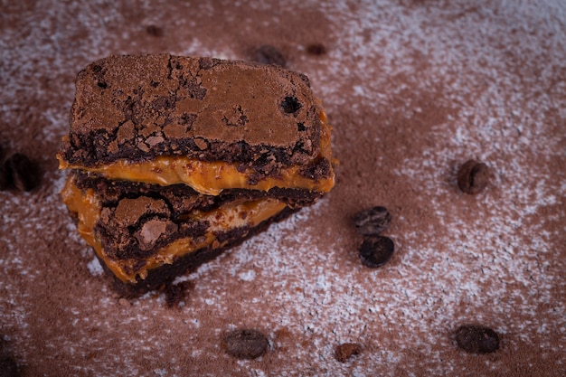 Delicious chocolate brownie on the table