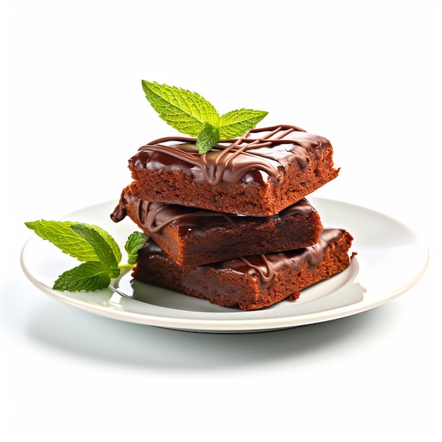 Delicious chocolate brownies on a plate with isolated white background