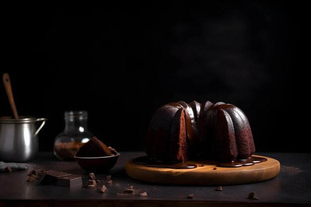 Delicious chocolate bundt cake topped dessert with ganache glaze on dark background with copy space Ai generated