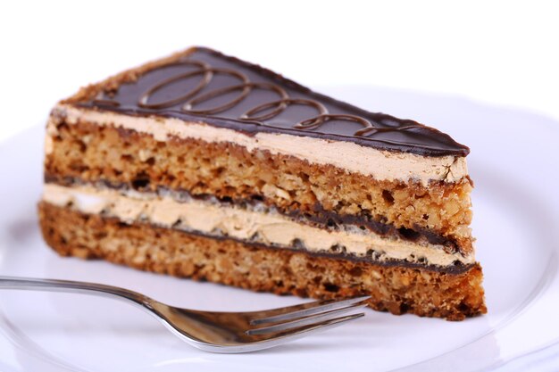 Delicious chocolate cake on plate close-up