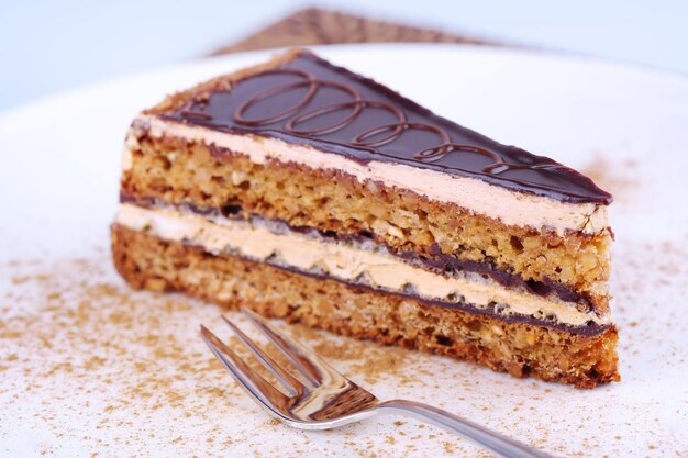 Delicious chocolate cake on plate on table close-up