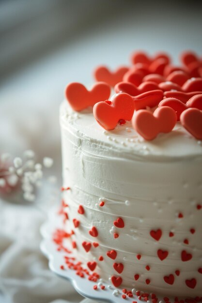 Delicious chocolate cake with adorable tiny red hearts topping