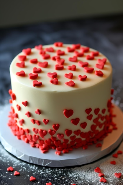 Вкусный шоколадный торт с очаровательными крошечными красными сердцами.