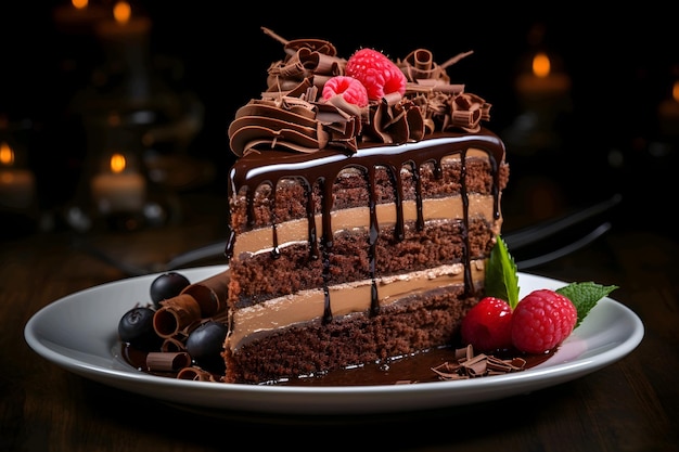 Delicious chocolate cake with berries on a dark wooden background