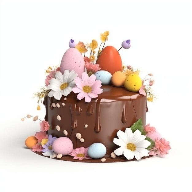 Delicious chocolate cake with Easter eggs and spring flowers 3d illustration on white background