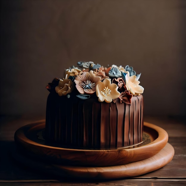 Вкусный шоколадный торт с цветами на деревянной подставке Темный фон, домашняя сладкая выпечка