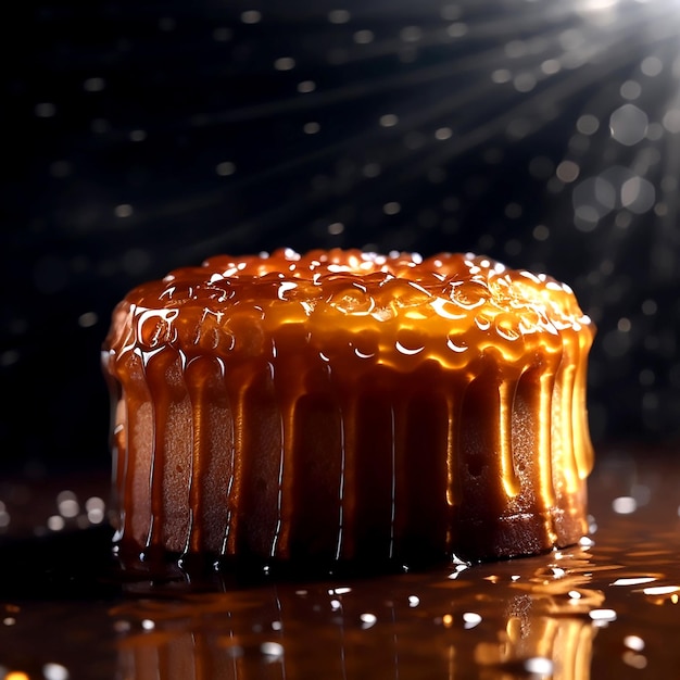 Photo delicious chocolate cake with melted chocolate on dark background