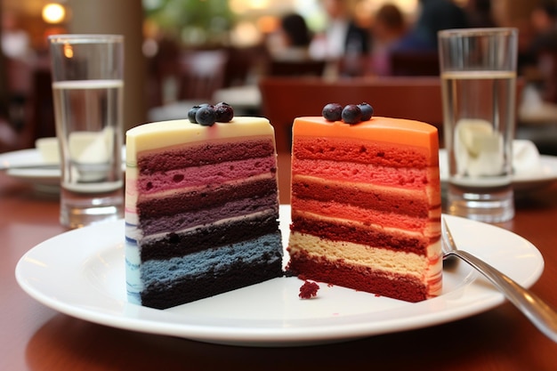 Delicious chocolate cake with triple different colour types of souffle