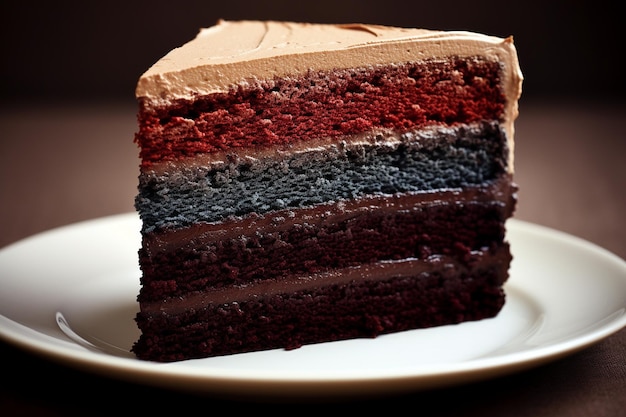Delicious chocolate cake with triple different colour types of souffle