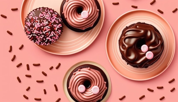 Delicious chocolate cakes and bagels seen from above rest on a pink background