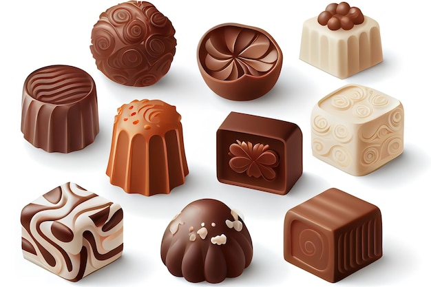 Вкусные шоколадные конфеты, изолированные на белом Generative Ai