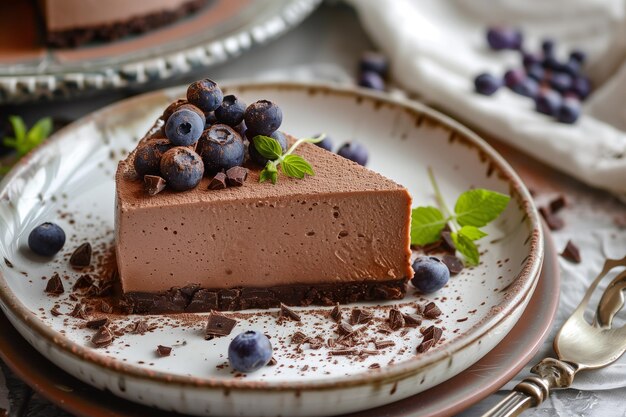 Foto deliziosa torta al formaggio al cioccolato con mirtilli freschi nessuna torta al formaggio al forno con bacche