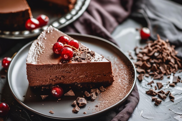 Foto deliziosa torta al formaggio al cioccolato con lamponi freschi nessuna torta al formaggio al forno con bacche pezzo