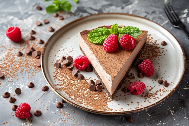 Delicious chocolate cheesecake with fresh raspberries No baked cheesecake with berries Piece