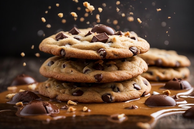 Foto delizioso biscotto al cioccolato con latte e schizzi di cioccolata