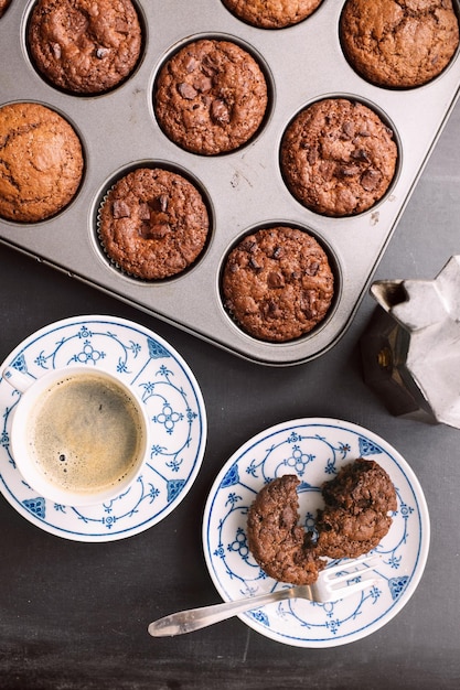 Delicious chocolate chip muffins and coffee