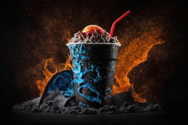 A delicious chocolate cocktail with a straw in a dark glass stands against the backdrop of a flame Generative AI