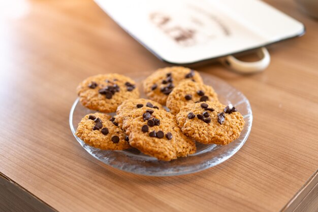 Delicious chocolate cookies in a table