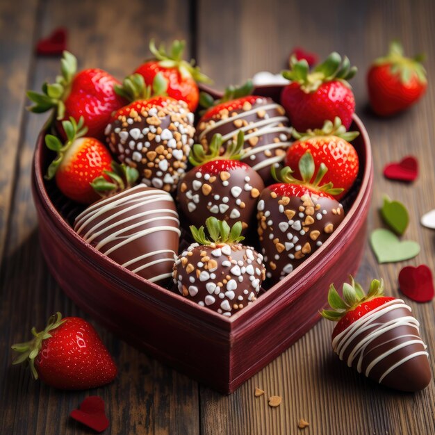 Delicious chocolate covered strawberries in a heartshaped box