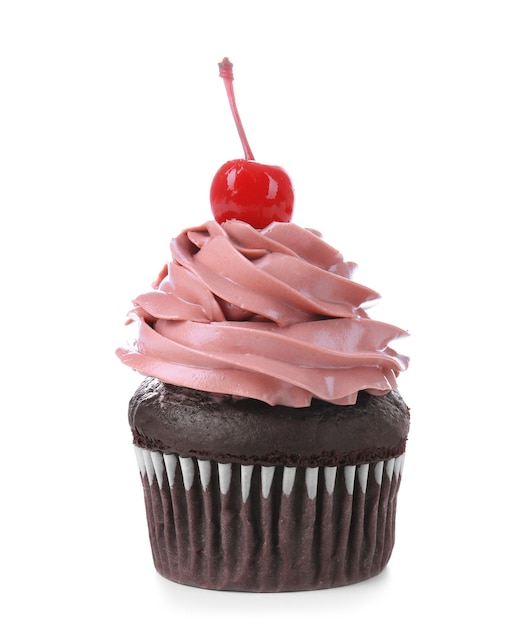 Delicious chocolate cupcake with cherry on white background