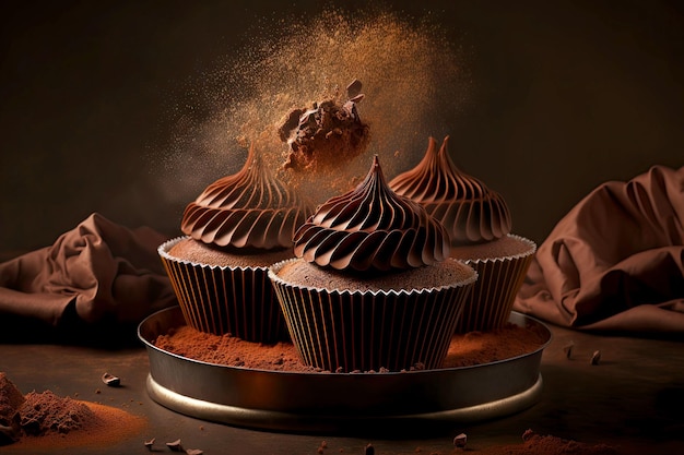 Delicious chocolate cupcakes in mold on dark brown background