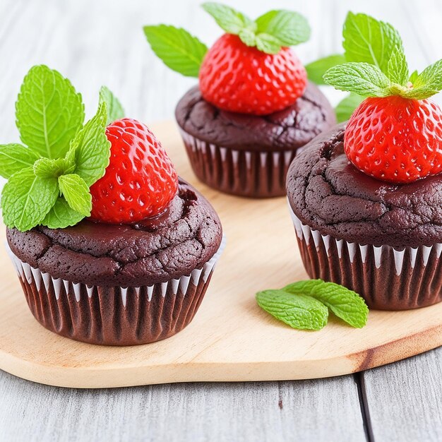 Delicious chocolate cupcakes with berries and fresh mint on wooden table close up