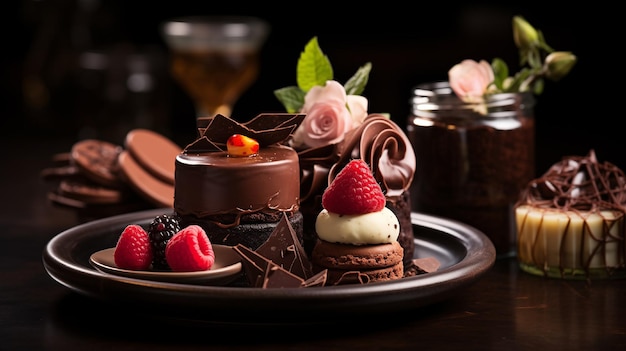 Foto delizioso dessert al cioccolato con frutta giorno del cioccolatino scuro