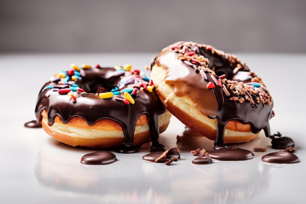 Delicious chocolate donuts with melted chocolate